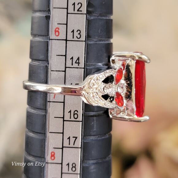Sterling Silver Ring With Red Center Stone and Cubic Zirconia Accents Size 6 3/4 - Picture 9 of 10